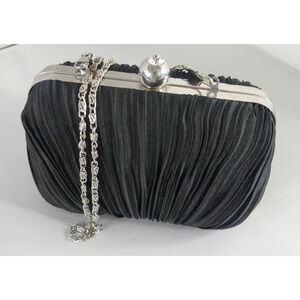 JACQUELINE FERRAR Black Satin Clutch Purse Pleated Vtg Silver Chain Crossbody